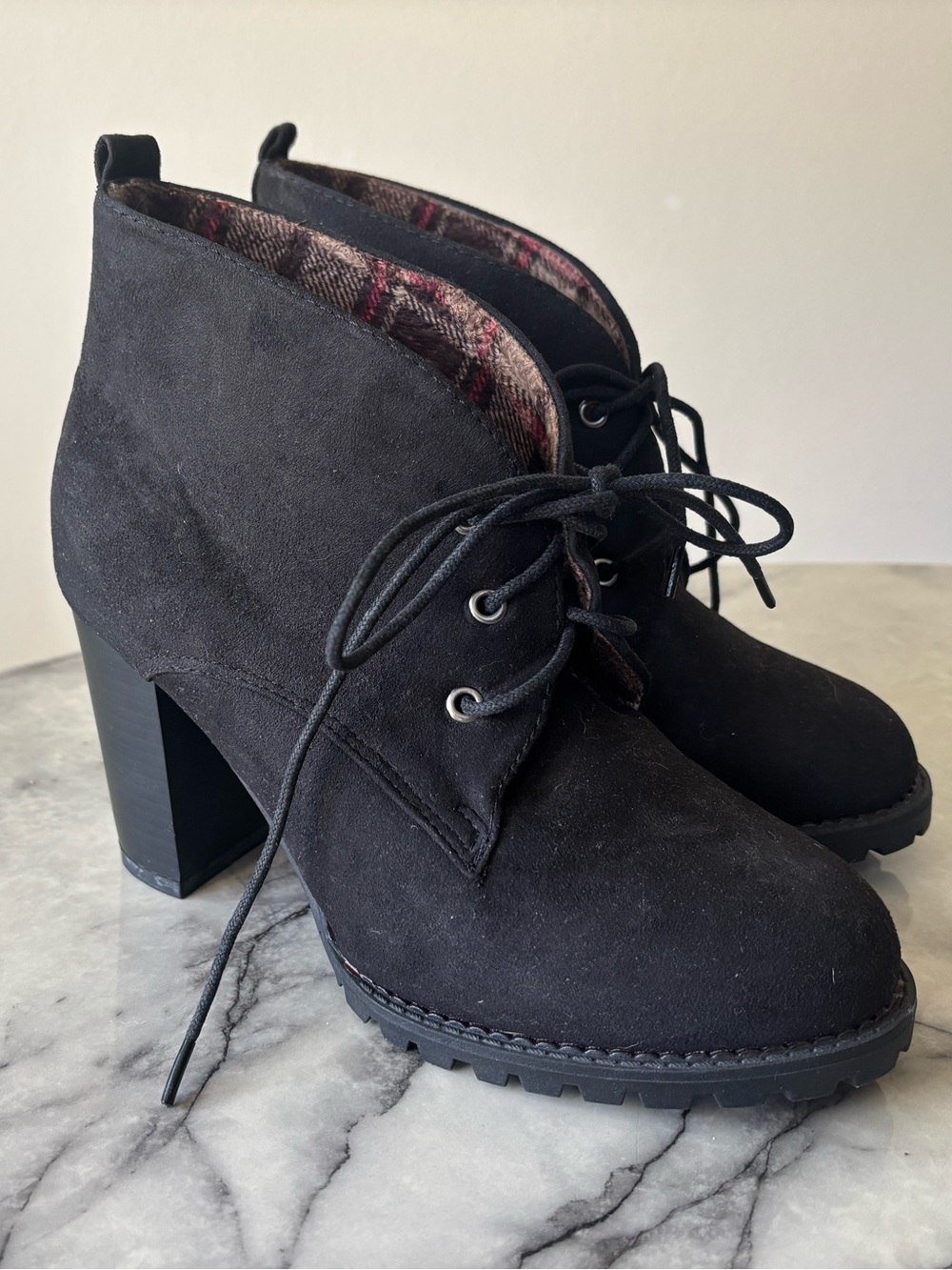 Black Suede Lace-Up Block Heel Ankle Boots - Women size 9